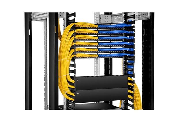 Cat6 and Cat5e cables are terminated on the same blank patch panel
